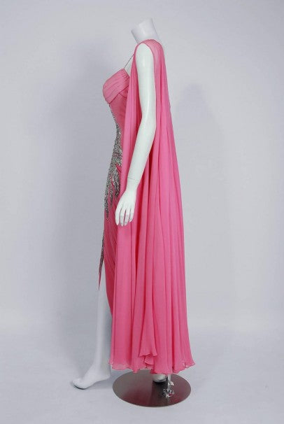 1955 Historical Yma Sumac Metallic Beaded Pink Ruched Silk-Jersey Hourglass Gown