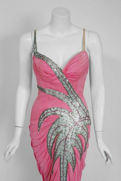 1955 Historical Yma Sumac Metallic Beaded Pink Ruched Silk-Jersey Hourglass Gown