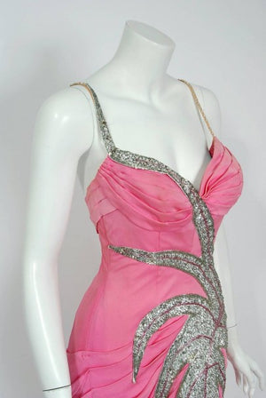 1955 Historical Yma Sumac Metallic Beaded Pink Ruched Silk-Jersey Hourglass Gown