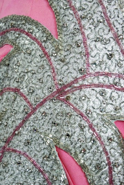 1955 Historical Yma Sumac Metallic Beaded Pink Ruched Silk-Jersey Hourglass Gown