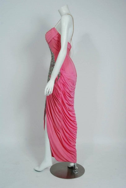 1955 Historical Yma Sumac Metallic Beaded Pink Ruched Silk-Jersey Hourglass Gown