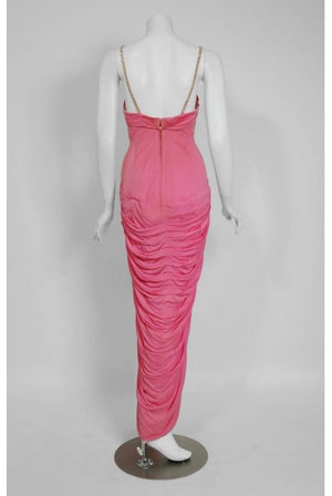 1955 Historical Yma Sumac Metallic Beaded Pink Ruched Silk-Jersey Hourglass Gown
