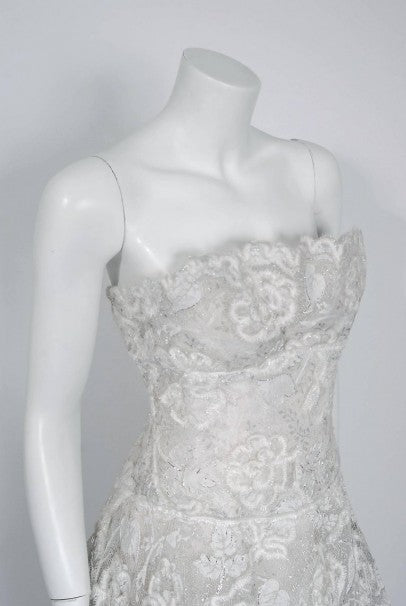 1960’s Arnold Scaasi Couture White Embroidered Floral Lace Strapless Tiered Gown &amp; Capelet