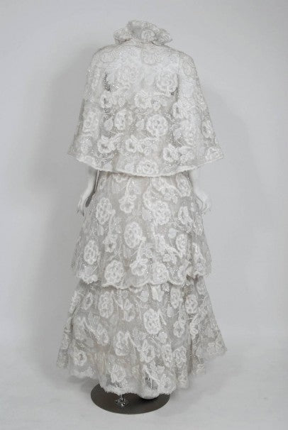 1960’s Arnold Scaasi Couture White Embroidered Floral Lace Strapless Tiered Gown &amp; Capelet