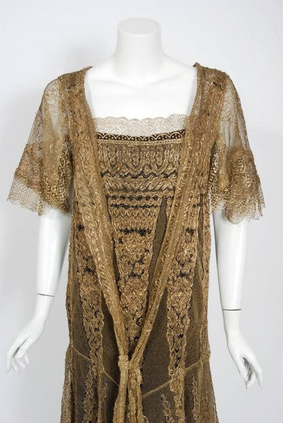 1920's Oppenheim Collins Couture Metallic-Gold Lace Tiered Flutter Evening Dress