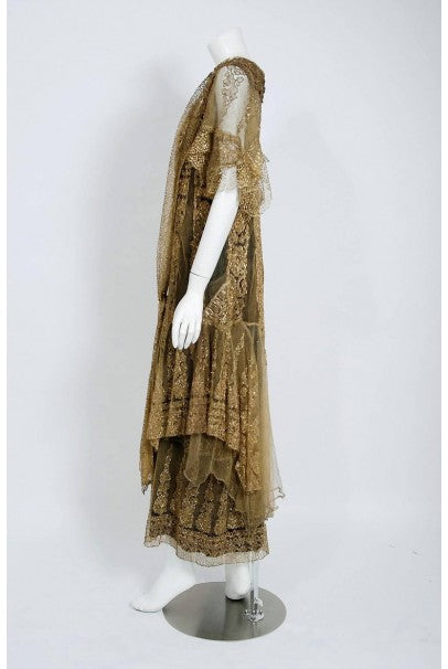 1920&#39;s Oppenheim Collins Couture Metallic-Gold Lace Tiered Flutter Evening Dress