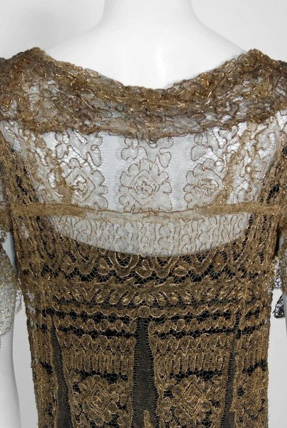 1920&#39;s Oppenheim Collins Couture Metallic-Gold Lace Tiered Flutter Evening Dress