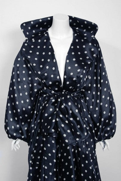 1990 Christian Dior Haute Couture Runway Polka Dot Silk Full Length Gown Jacket