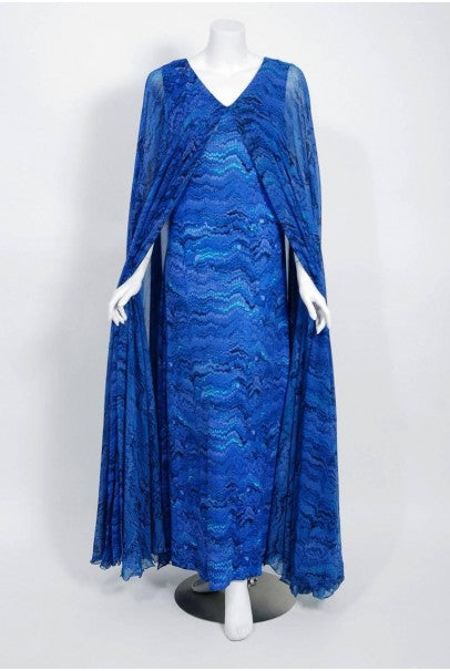 1970's La Mendola Novelty Butterfly Print Blue Purple Silk-Jersey Caftan Gown