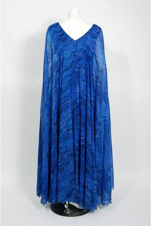 1970's La Mendola Novelty Butterfly Print Blue Purple Silk-Jersey Caftan Gown