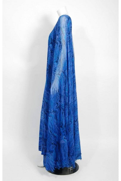 1970&#39;s La Mendola Novelty Butterfly Print Blue Purple Silk-Jersey Caftan Gown