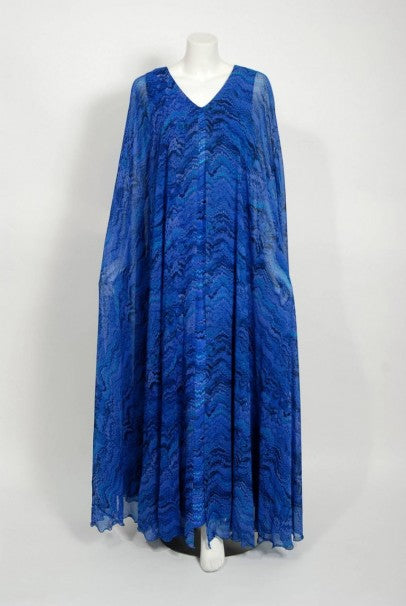1970&#39;s La Mendola Novelty Butterfly Print Blue Purple Silk-Jersey Caftan Gown