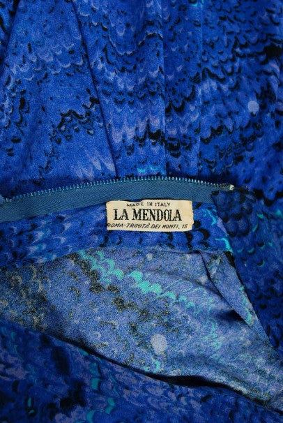 1970&#39;s La Mendola Novelty Butterfly Print Blue Purple Silk-Jersey Caftan Gown