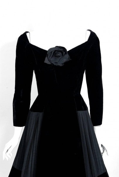 1955 Christian Dior Haute Couture Black Velvet and Pleated Silk Full Party  Dress