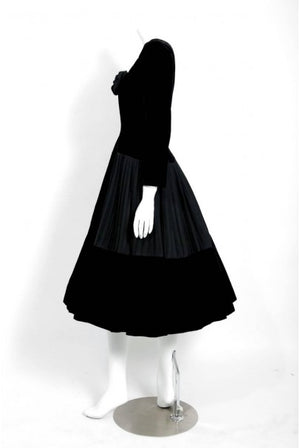1955 Christian Dior Haute Couture Black Velvet and Pleated Silk Full Party Dress