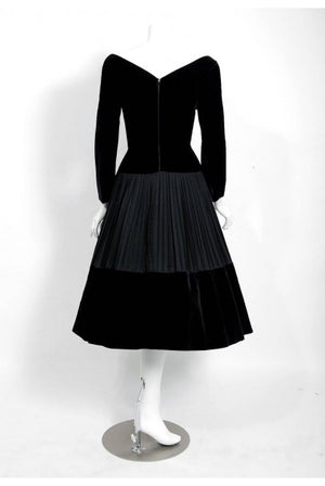 1955 Christian Dior Haute Couture Black Velvet and Pleated Silk Full Party Dress