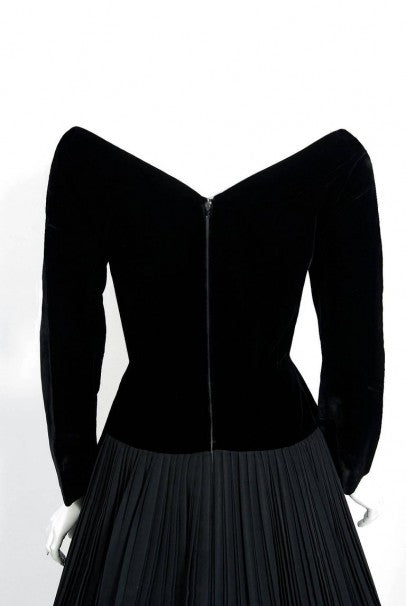 1955 Christian Dior Haute Couture Black Velvet and Pleated Silk Full Party Dress
