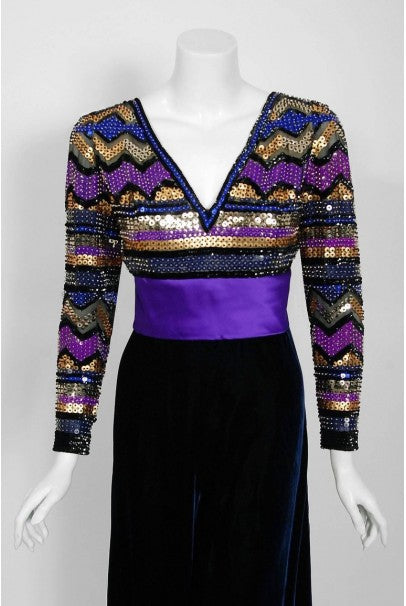 1971 Pierre Balmain Haute-Couture Graphic Beaded Blue Velvet Jumpsuit & Jacket