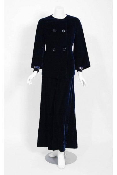 1971 Pierre Balmain Haute-Couture Graphic Beaded Blue Velvet Jumpsuit &amp; Jacket