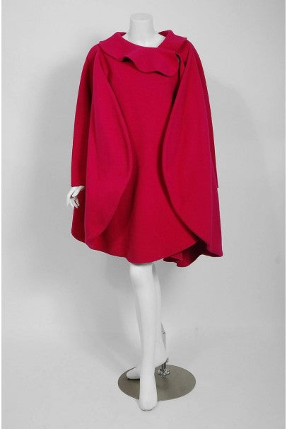 1987 Pierre Cardin Haute-Couture Magenta Pink Wool Avant Garde Fin-Back Coat