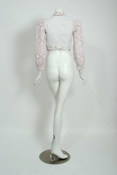 1968 Zandra Rhodes Couture Teddy Bear Novelty Print White Denim Cropped Jacket