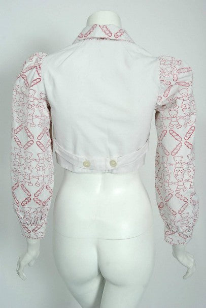 1968 Zandra Rhodes Couture Teddy Bear Novelty Print White Denim Cropped Jacket