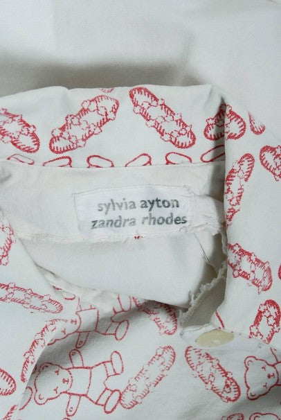 1968 Zandra Rhodes Couture Teddy Bear Novelty Print White Denim Cropped Jacket