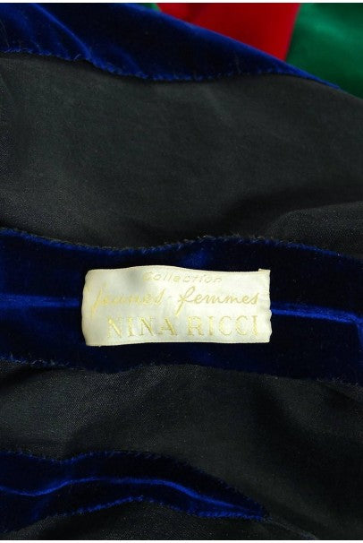 1964 Nina Ricci Couture Silk-Velvet Rainbow Stripe Block Color Belted Maxi Dress