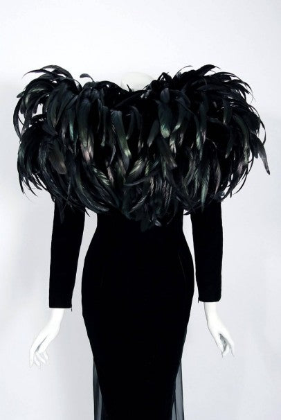 1990 Christian Dior Haute-Couture Black Velvet Feather Hourglass Fishtail Gown