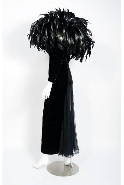 1990 Christian Dior Haute-Couture Black Velvet Feather Hourglass Fishtail Gown