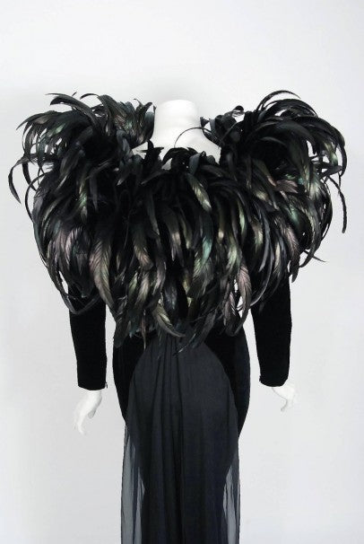 1990 Christian Dior Haute-Couture Black Velvet Feather Hourglass Fishtail Gown