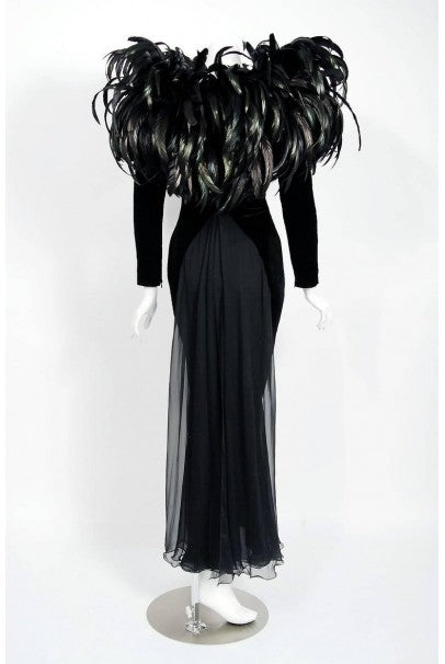 1990 Christian Dior Haute-Couture Black Velvet Feather Hourglass Fishtail Gown