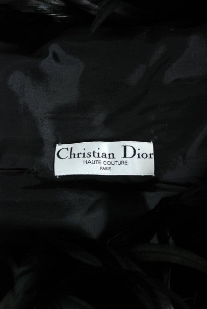 1990 Christian Dior Haute-Couture Black Velvet Feather Hourglass Fishtail Gown