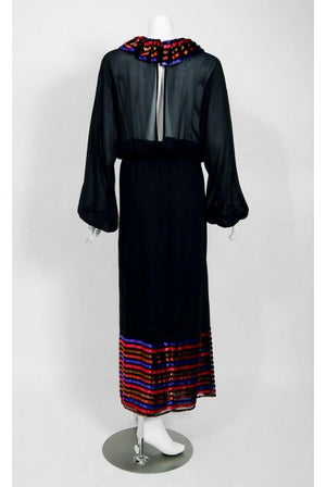1978 Lanvin Couture Black Sheer Silk Chiffon and Stripe Velvet Billow-Sleeve Gown