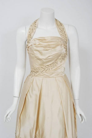 1950's Ceil Chapman Ivory Beaded Floral Applique Silk Satin Halter Party Dress