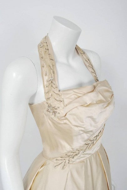 1950&#39;s Ceil Chapman Ivory Beaded Floral Applique Silk Satin Halter Party Dress