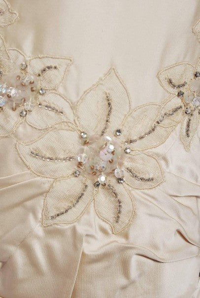 1950&#39;s Ceil Chapman Ivory Beaded Floral Applique Silk Satin Halter Party Dress