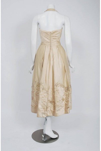 1950&#39;s Ceil Chapman Ivory Beaded Floral Applique Silk Satin Halter Party Dress