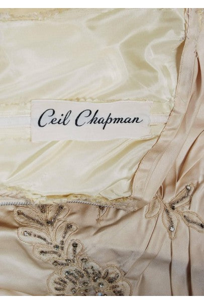 1950&#39;s Ceil Chapman Ivory Beaded Floral Applique Silk Satin Halter Party Dress