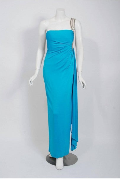 1986 Travilla Whitney Houston Design Blue Beaded One-Shoulder Jersey Gown