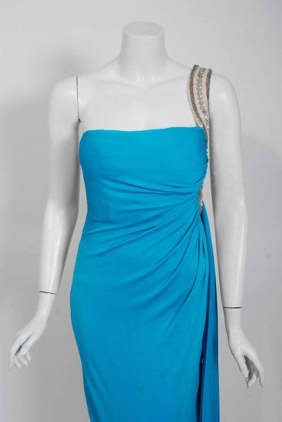 1986 Travilla Whitney Houston Design Blue Beaded One-Shoulder Jersey Gown