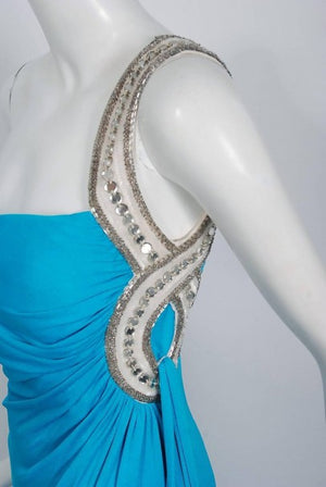 1986 Travilla Couture Whitney Houston Design Blue Beaded One-Shoulder Silk Gown