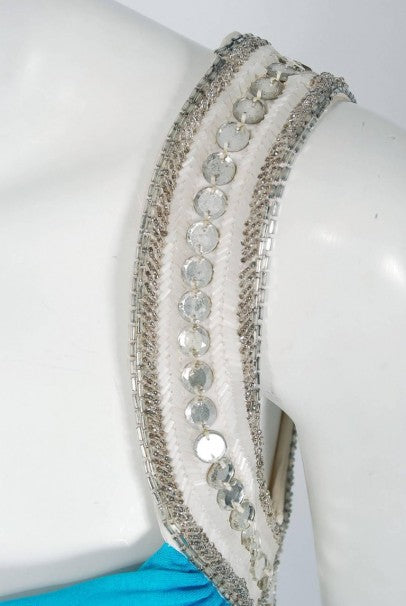 1986 Travilla Whitney Houston Design Blue Beaded One-Shoulder Jersey Gown