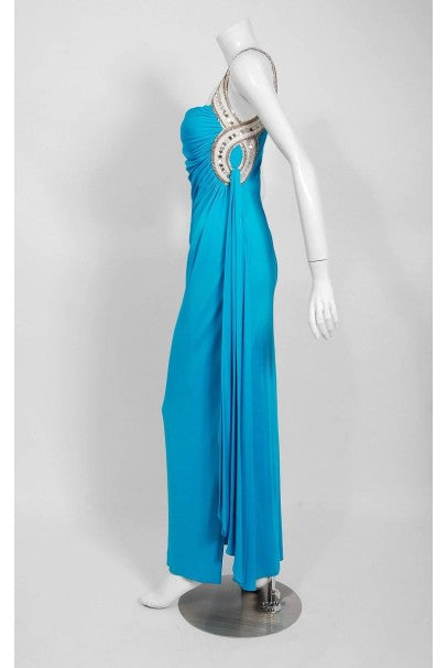 1986 Travilla Whitney Houston Design Blue Beaded One-Shoulder Jersey Gown