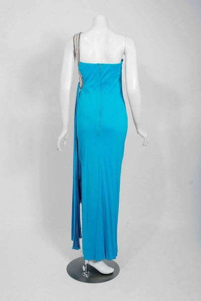 1986 Travilla Whitney Houston Design Blue Beaded One-Shoulder Jersey Gown