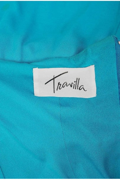 1986 Travilla Whitney Houston Design Blue Beaded One-Shoulder Jersey Gown