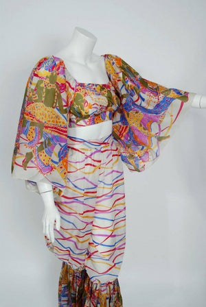 1991 Yves Saint Laurent Leon Bakst Novelty Print Silk Bell Sleeve Ensemble Set