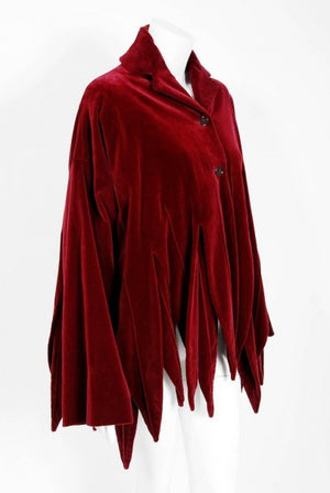 1987 Romeo Gigli Museum-Held Burgundy Red Velvet Jester Petal Swing Coat Jacket