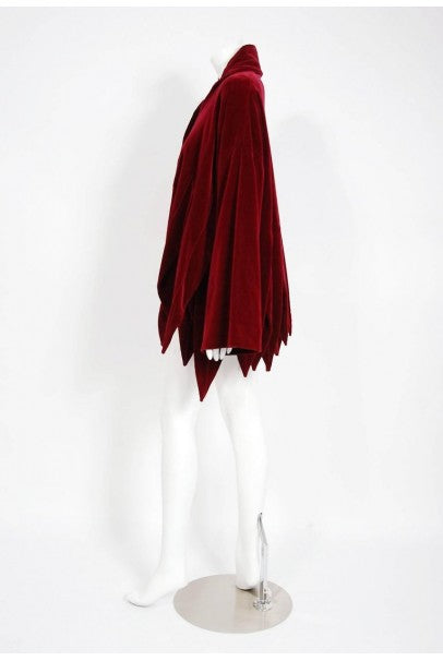 1987 Romeo Gigli Museum-Held Burgundy Red Velvet Jester Petal Swing Coat Jacket