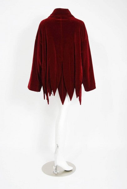 1987 Romeo Gigli Museum-Held Burgundy Red Velvet Jester Petal Swing Coat Jacket